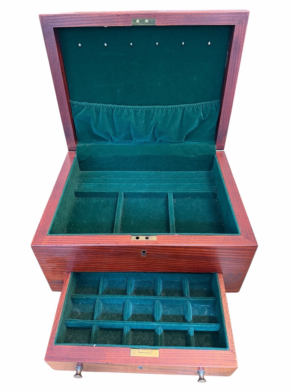 Vintage Reed & Barton Eureka Wooden Jewelry Box w/ Drawer Green Velvet Lined
